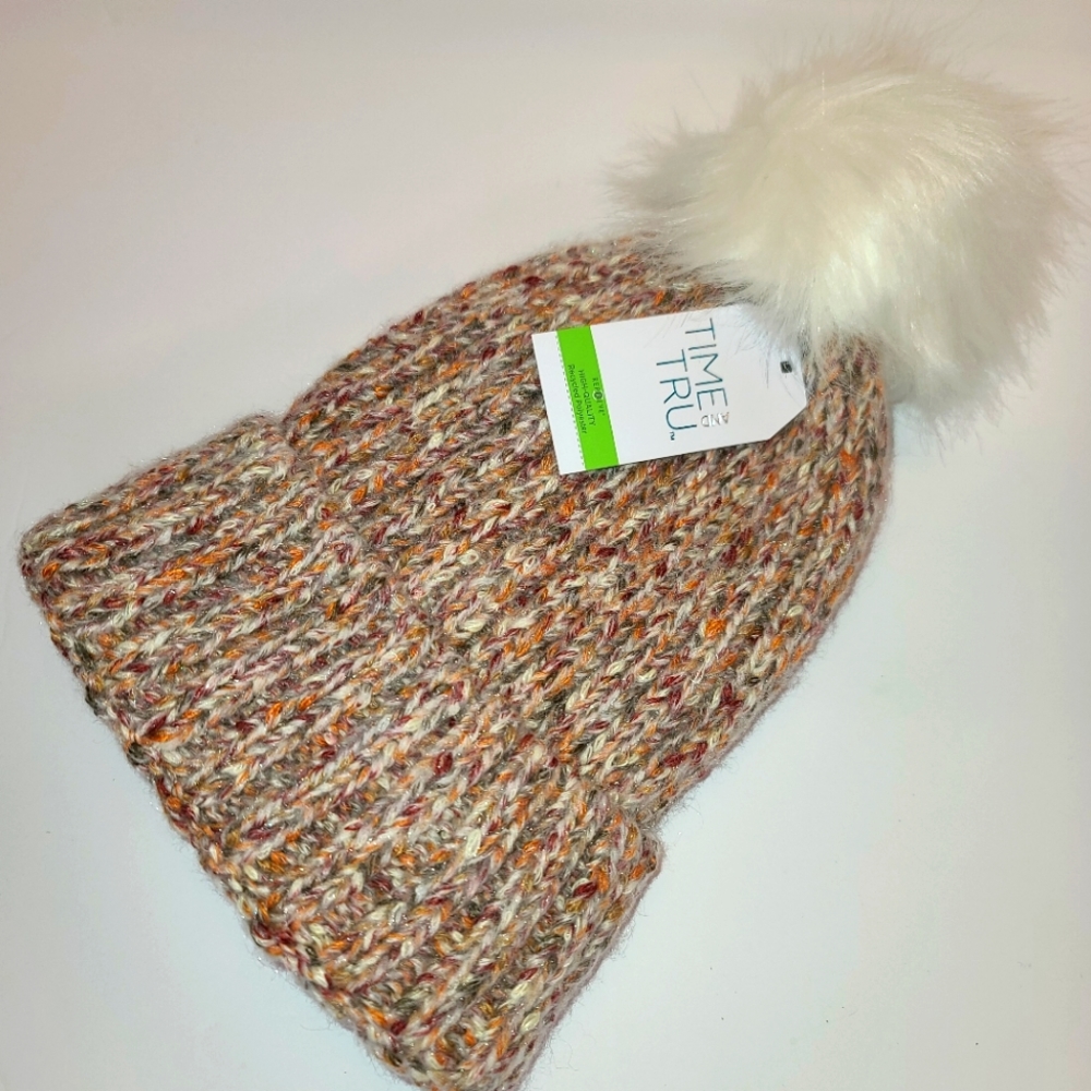 Warm Beanie Tan Mix color Nit Pom Pom Velour lined Beanie… - Picture 3 of 6